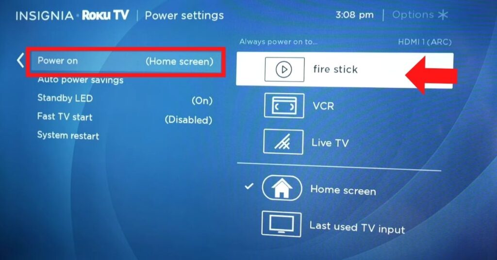 Roku TV Select to power on Fire stick by default
